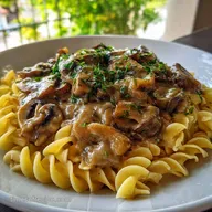 Vegan Mushroom Stroganoff Over Eggless Noodles