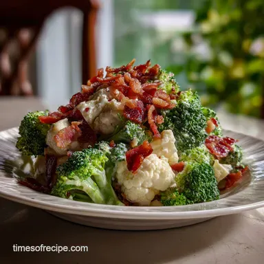 Broccoli Cauliflower Salad Recipe: Tangy Dressing & Bacon Recipe Card