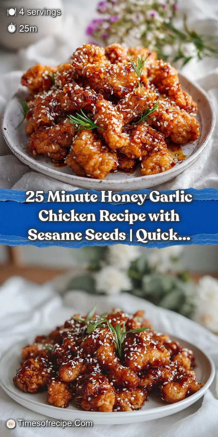 Close-up of tender chicken coated in glossy honey garlic sauce, studded with toasted sesame seeds.