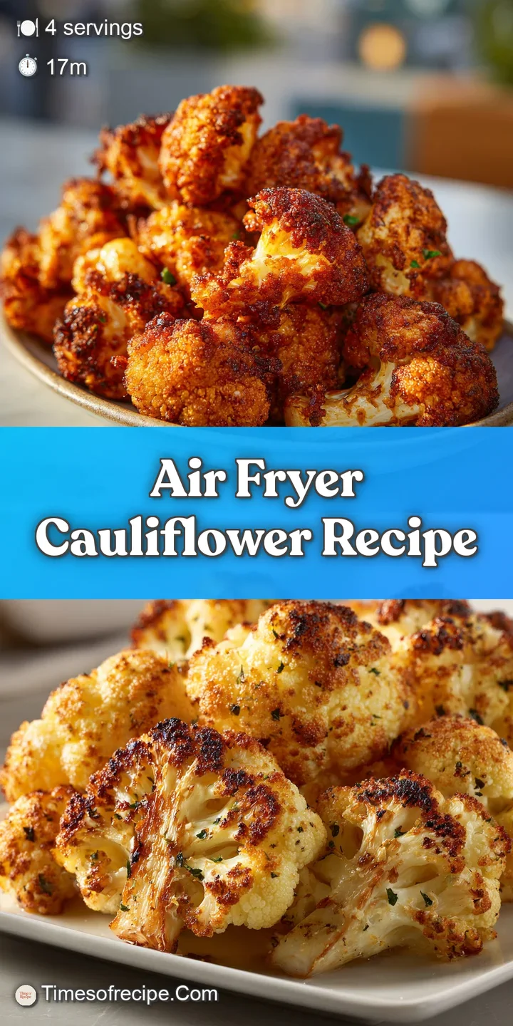 Close-up of perfectly air-fried cauliflower: crispy edges, tender inside, dusted with herbs and spices, appetizing and fla...