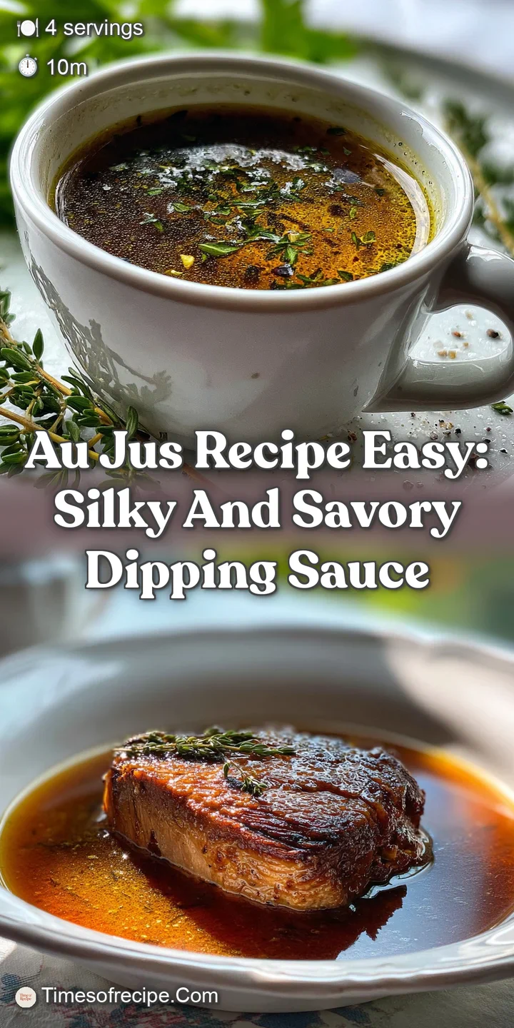 Close-up of a steaming, dark au jus, with visible wisps of steam. The surface reflects light, promising a savory, silky te...