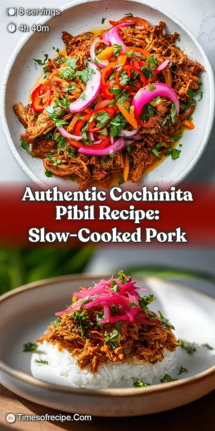 Close-up reveals tender, juicy cochinita pibil with glistening spices. Hints of citrus and earthy annatto paste add to the...