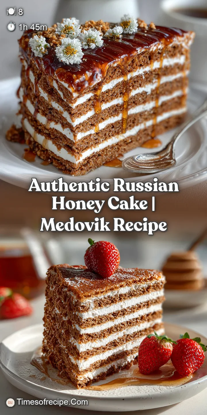 Close-up of the golden-brown honey cake, showcasing its delicate, flaky layers. A crispy, tempting treat.