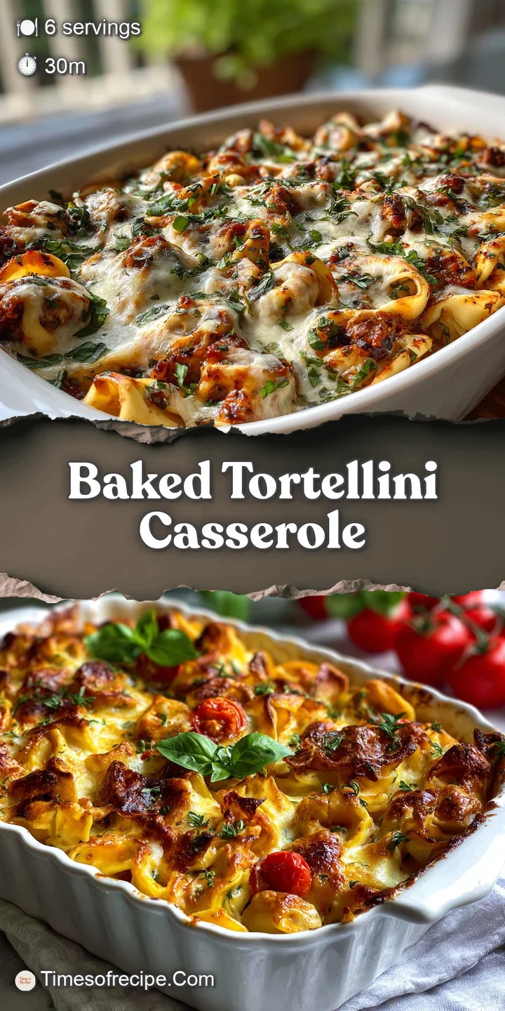 Close-up of creamy tortellini casserole, capturing the melted cheese, tender pasta, and rich sauce, inviting comfort and w...