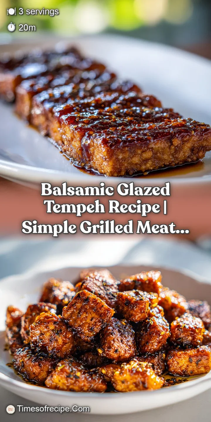 Close-up reveals the shiny, sticky balsamic glaze coating the firm tempeh. Hints of herbs and seasoning visible on the sur...
