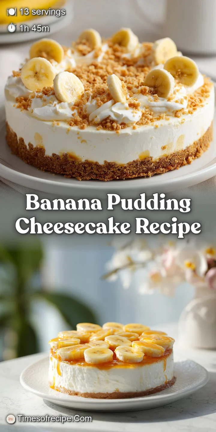 Close-up of banana cheesecake reveals a luscious pudding filling, soft bananas, and golden vanilla wafer crumbs.
