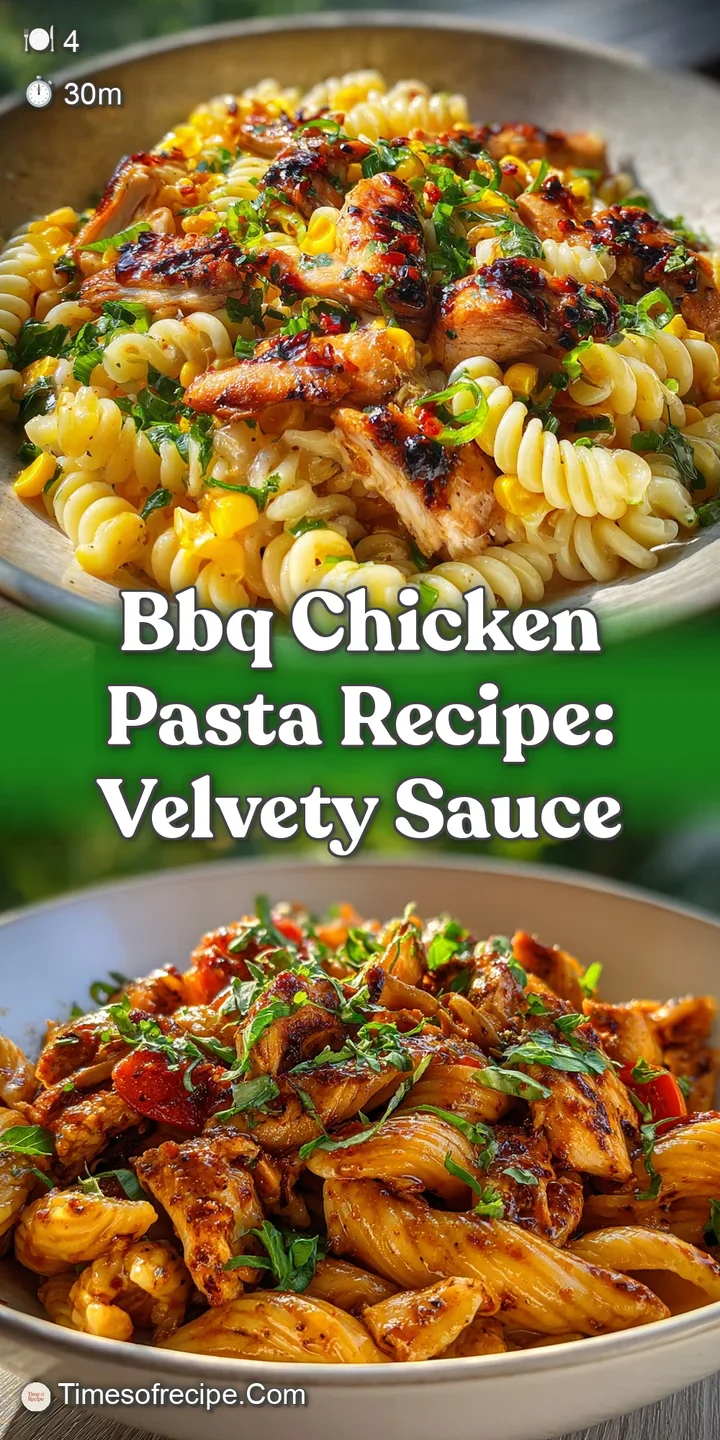 Close-up of glossy, velvety BBQ sauce clinging to pasta strands and chicken. Toasted edges and fresh green garnish.