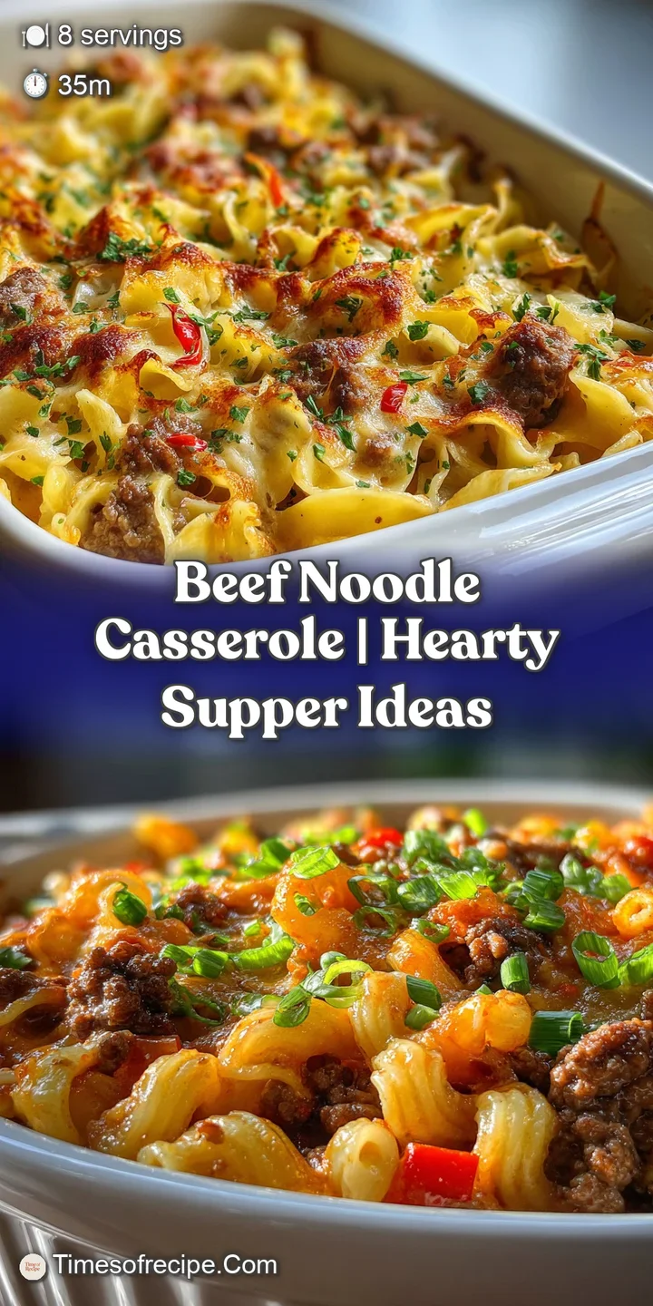 Close-up shot of a creamy beef noodle casserole showing the rich texture and browned cheese. Steam rises, suggesting a com...