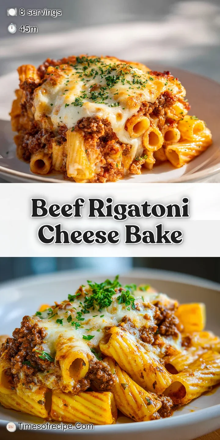 Close-up shows beef rigatoni with melted cheese, rich tomato sauce, and creamy ricotta. It looks warm and inviting.