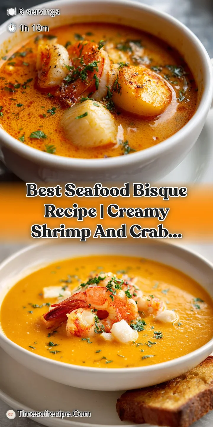 Close-up view of rich seafood bisque, revealing chunks of tender seafood and fragrant herbs. The creamy texture invites a ...
