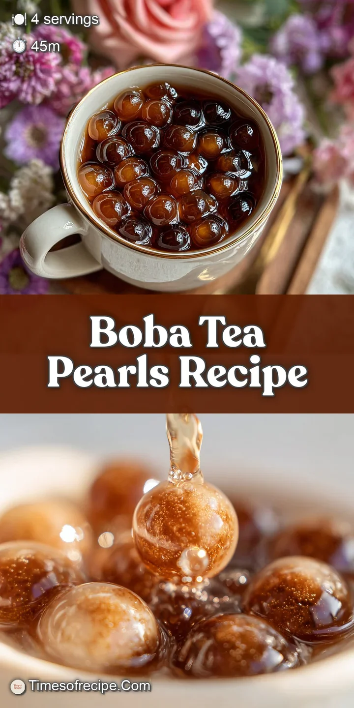 Close-up of chewy brown sugar boba pearls glistening at the bottom of a refreshing glass of cold milk tea.