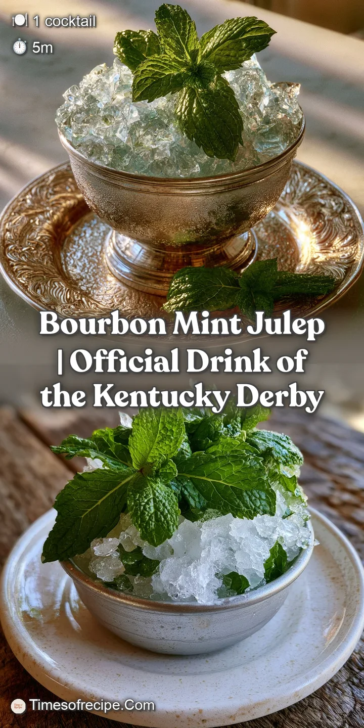 Close-up of glistening crushed ice and deep amber liquid topped with a lush, fragrant cluster of fresh mint leaves.