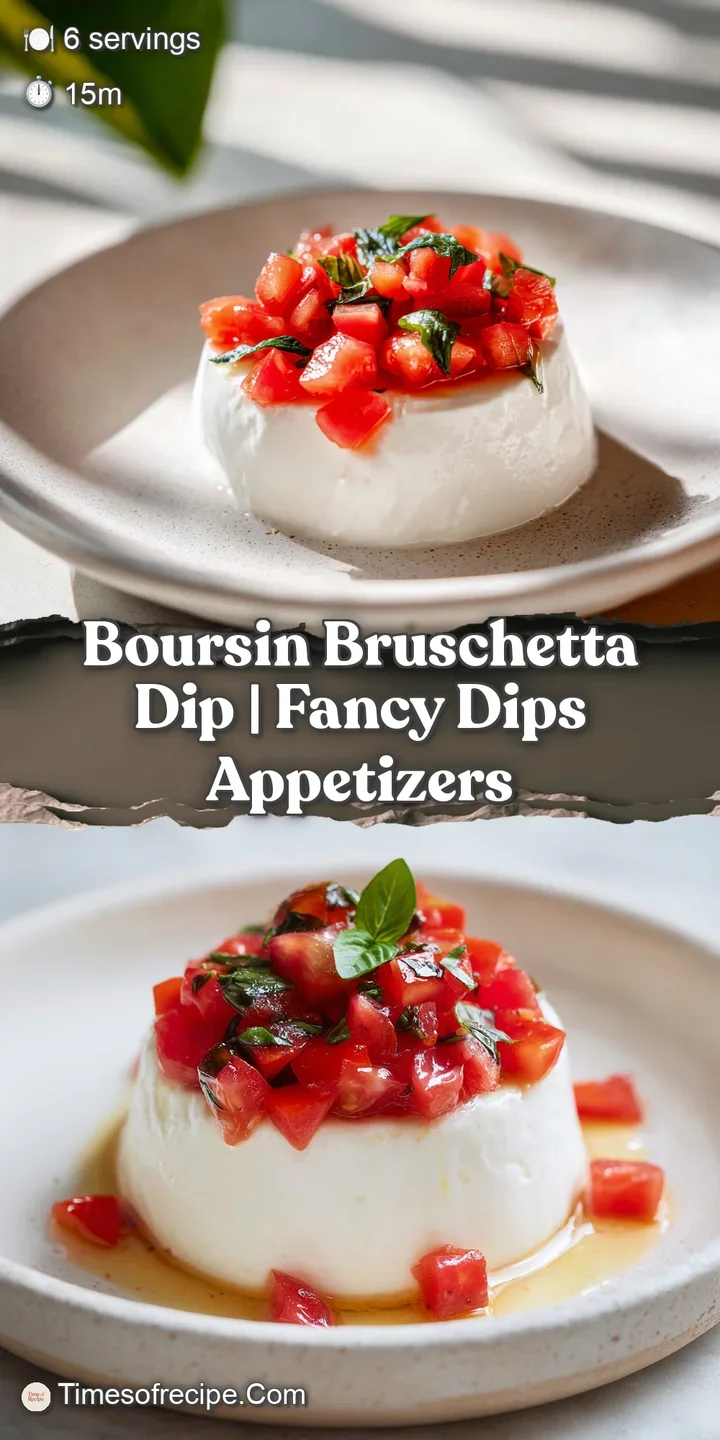 Close-up of a crisp crostini dipping into velvety white cheese topped with glistening red tomatoes and basil.