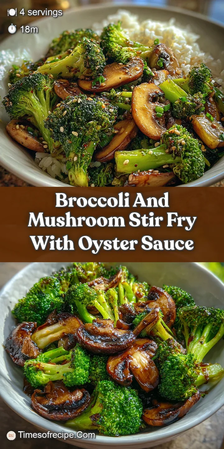 Close-up shot of the savory mushroom and broccoli stir-fry. Steam rises above the glistening vegetables, coated in a rich ...
