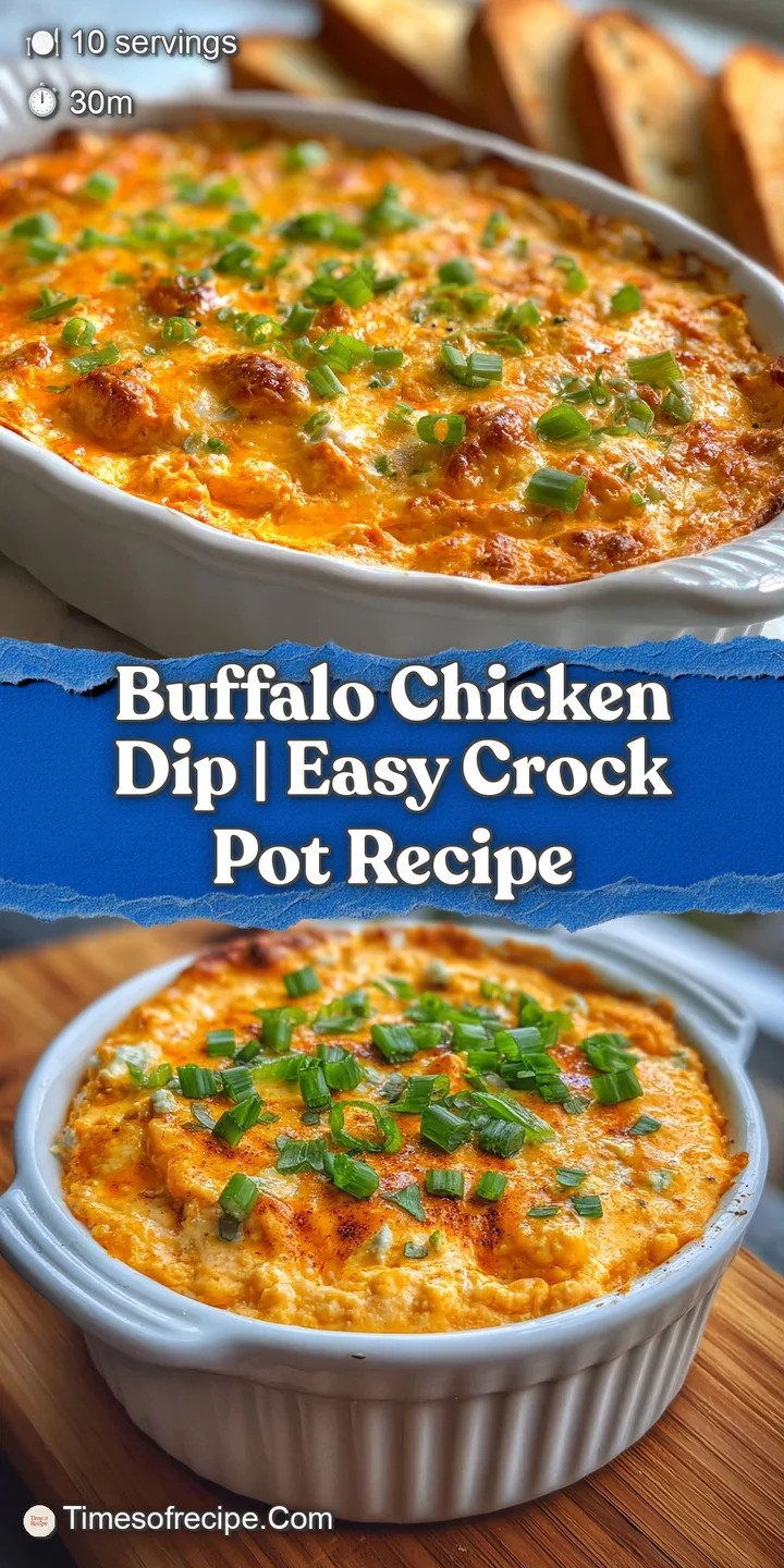 Close-up of rich, spicy buffalo chicken dip with browned cheese crust, showing tender chicken and a glistening, creamy tex...