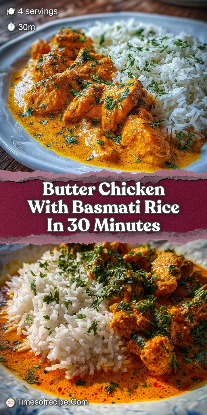 Close-up of tender chicken pieces coated in a luscious, vibrant orange butter sauce with glistening droplets and aromatic ...