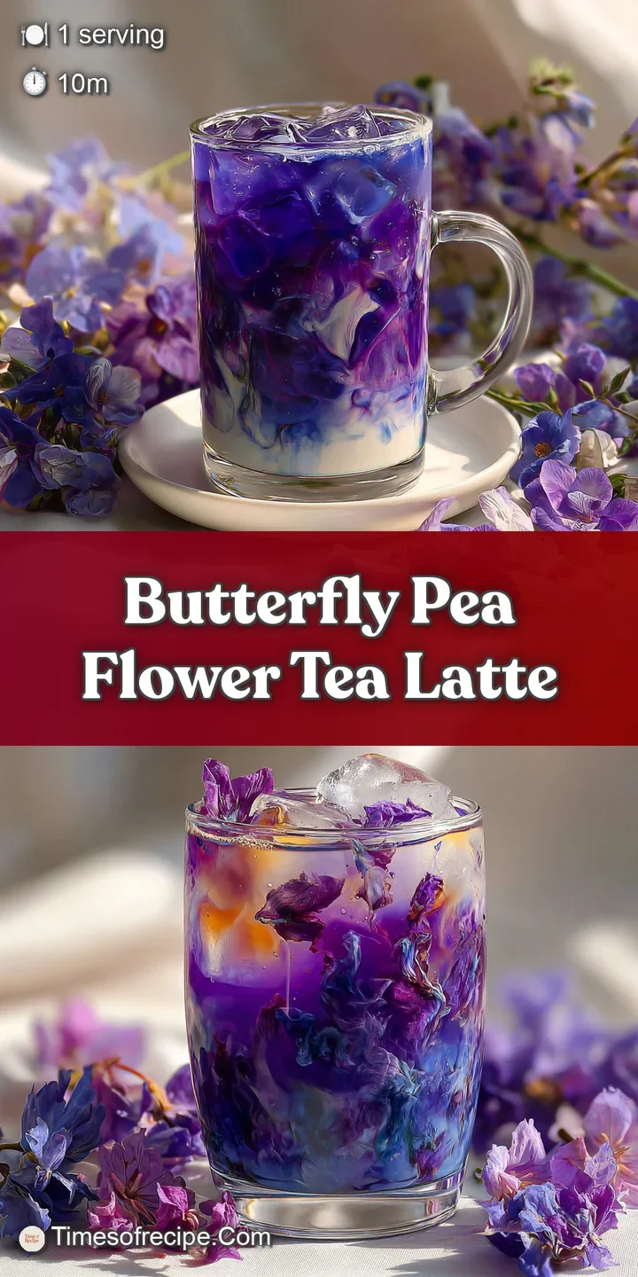 Close-up of a frothy, cool latte; ice condensation clinging to the glass, revealing the dreamy blue-purple gradient within.
