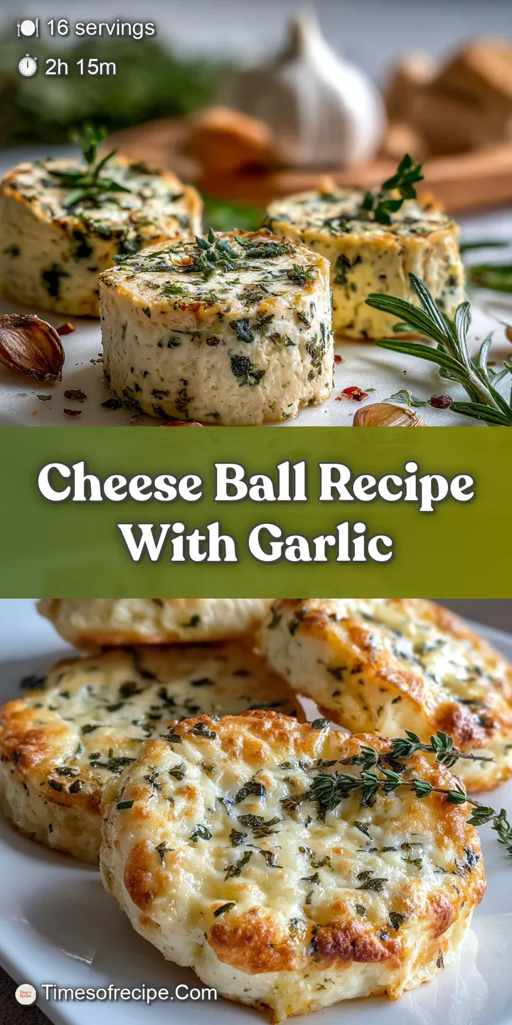 Close-up of a cheese ball, showing the creamy texture and the colorful herbs and spices. Crackers on the side for dipping.