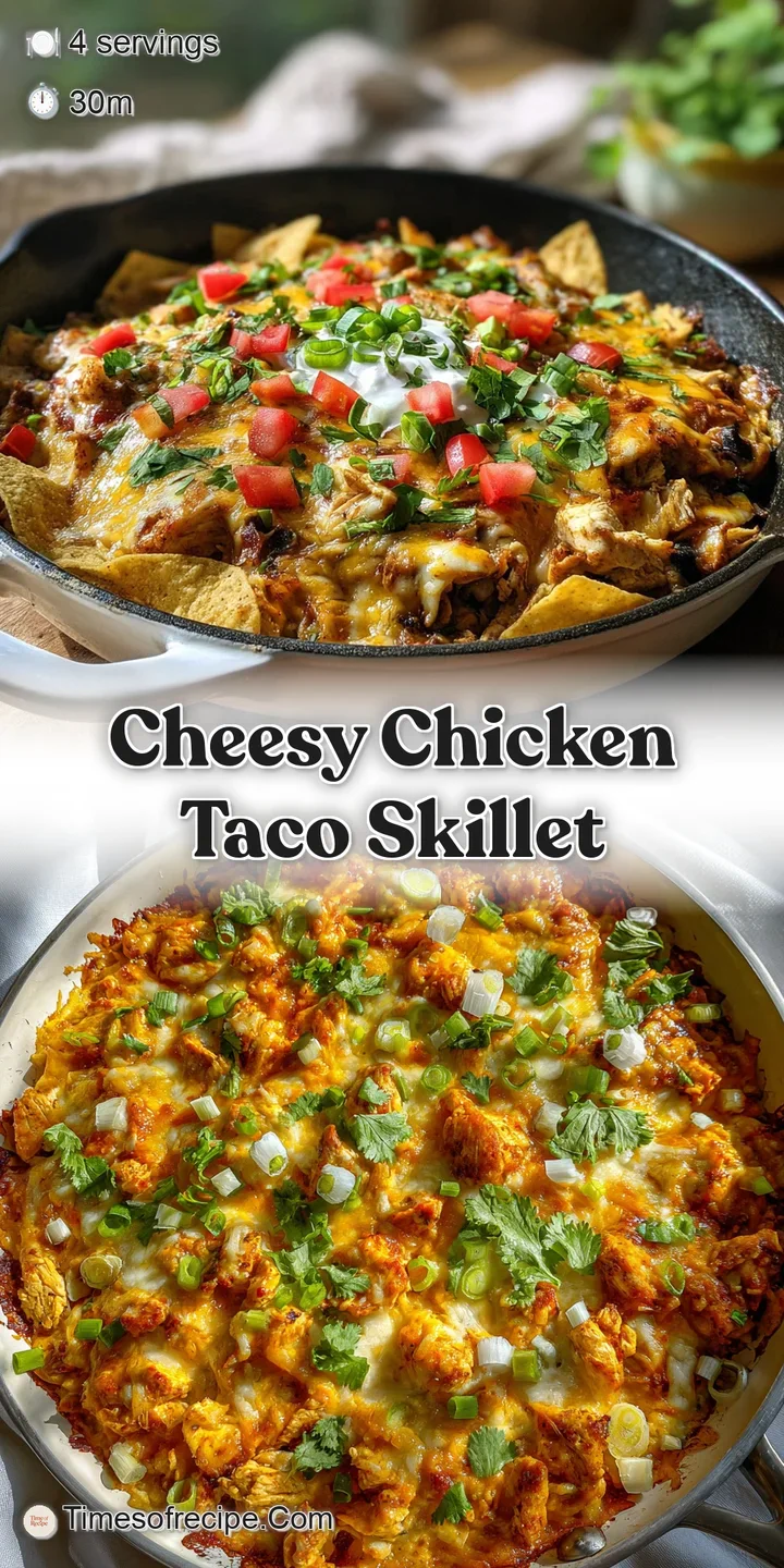 Close-up of the chicken taco skillet revealing melted cheese, juicy chicken, and colorful peppers, offering a warm, inviti...