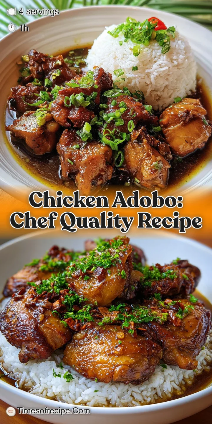 Close-up of flavorful chicken adobo with its glistening sauce, highlighting the tender texture and aromatic peppercorns an...