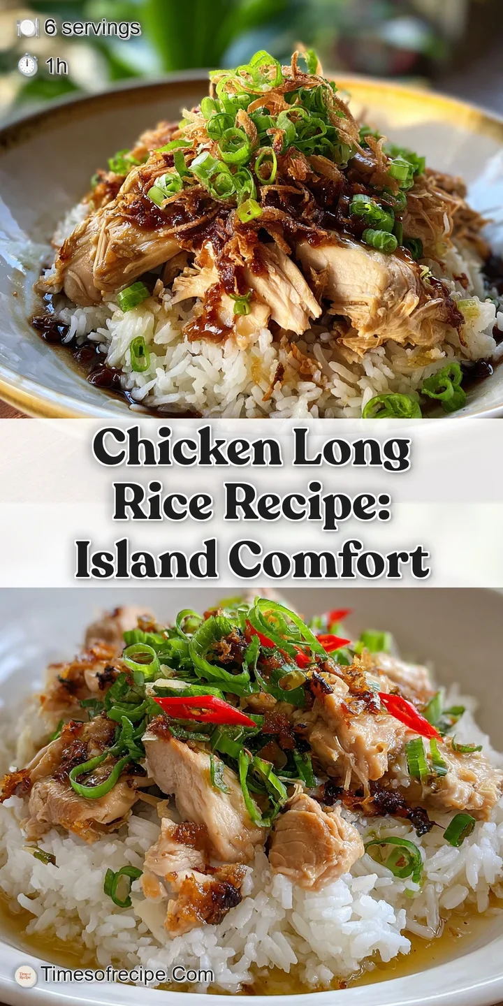 Close-up of chicken long rice showing glistening broth, translucent noodles, & pieces of tender chicken. Comforting & flav...