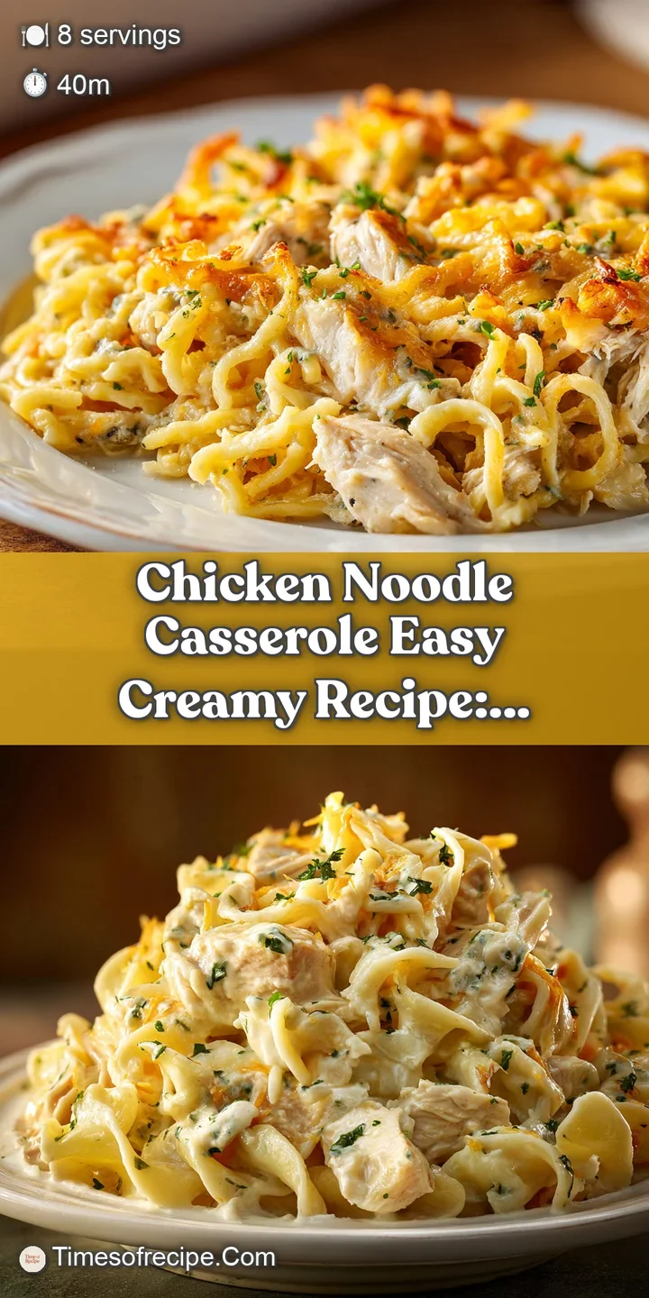 Close-up of creamy chicken noodle casserole with wide egg noodles, tender chicken, and a rich, golden-brown sauce bubbling...