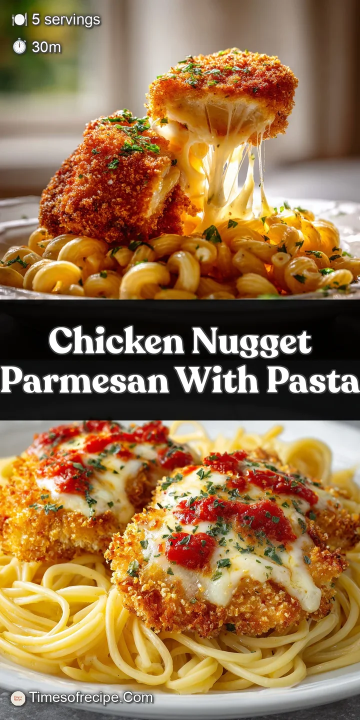 Close-up: crispy, golden parmesan crust on chicken nuggets, melting cheese, and a flavorful tomato sauce.