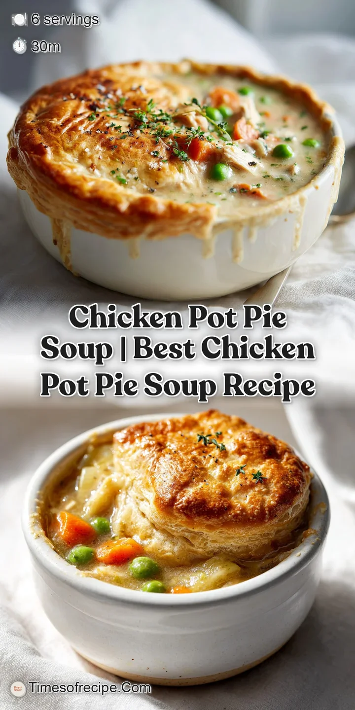 A close-up of creamy chicken pot pie soup, showing tender chicken, peas, and carrots in a rich broth.