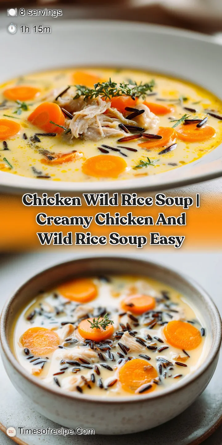 Close-up of a spoonful of creamy broth featuring plump chicken chunks and glistening, dark grains of wild rice.