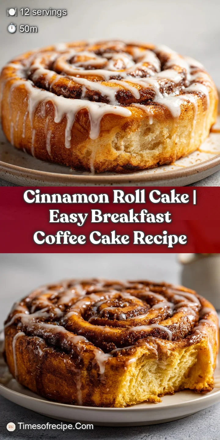 Close-up of a decadent cinnamon roll cake slice, frosting melting slightly over fluffy, spiraled dough.