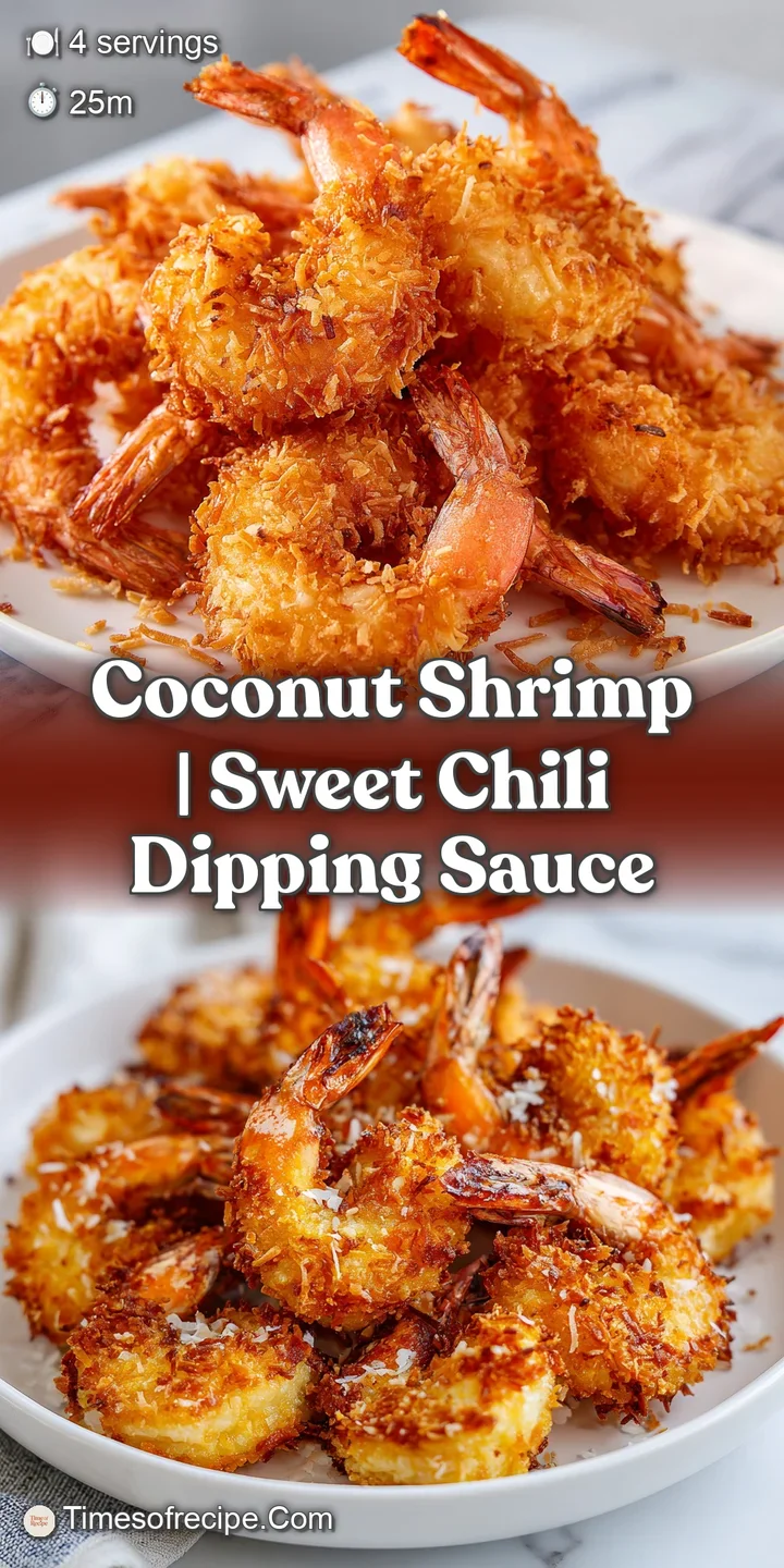 Macro shot of a crispy golden shrimp with toasted coconut texture and a glistening drop of sweet chili sauce.