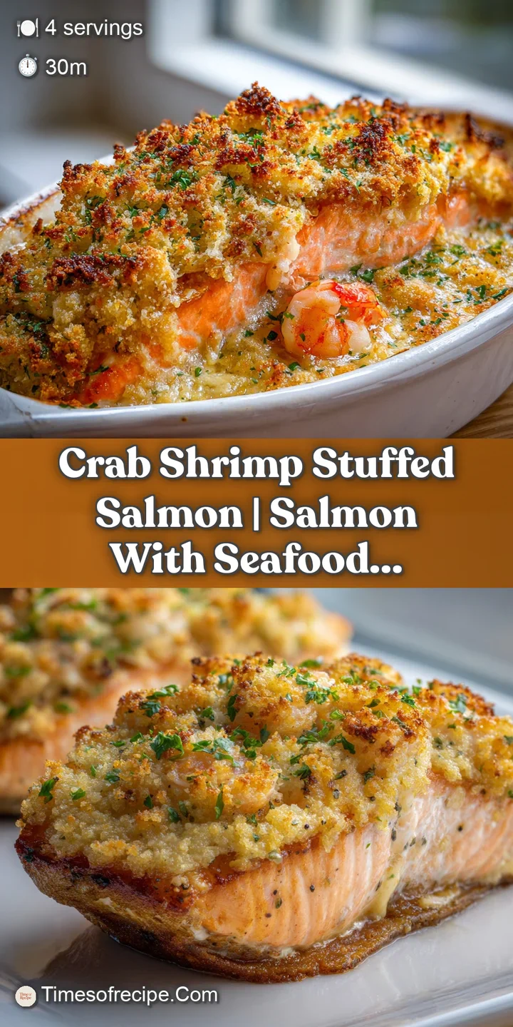 A close-up of a flaky salmon fillet overflowing with a creamy mixture of tender crab meat and pink shrimp.