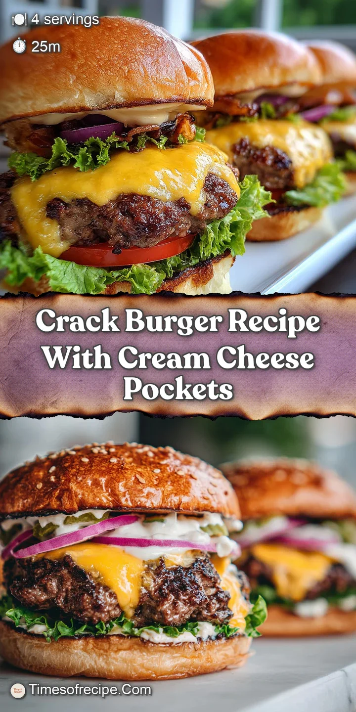 Close-up showcases the burger's textures: juicy patty, melted cream cheese, ripe tomato, and crisp lettuce peeking from th...