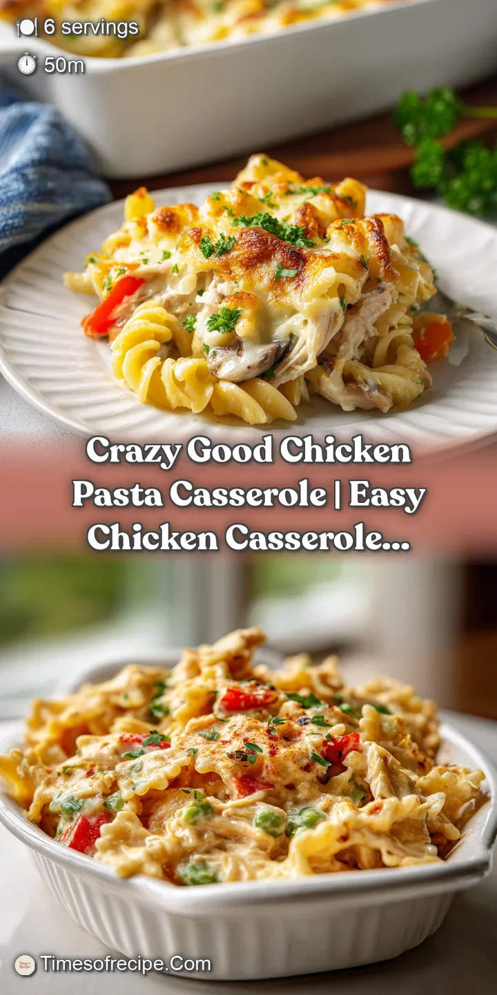 Close-up of a creamy, cheesy chicken pasta casserole. Bubbling, golden-brown top with visible chicken and pasta textures.