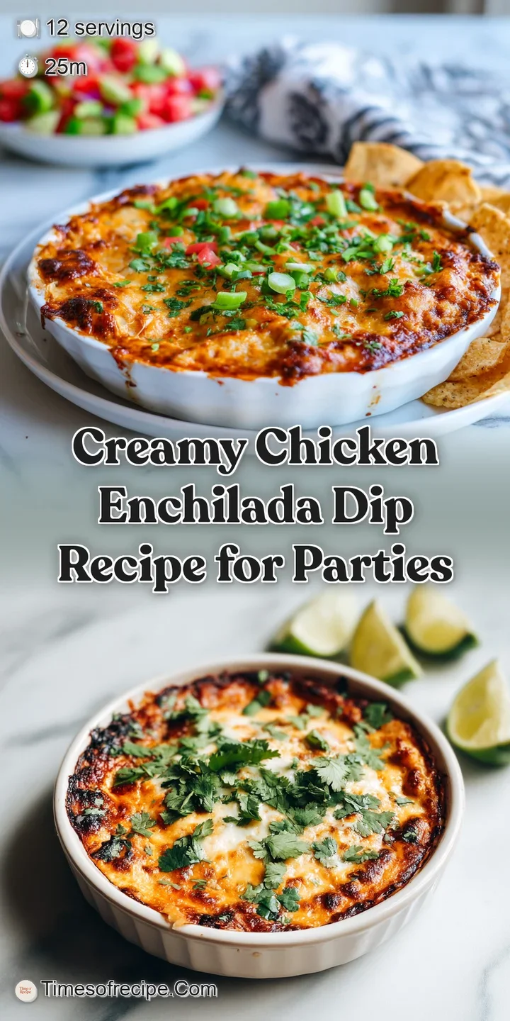Close-up of warm, cheesy chicken enchilada dip with hints of red sauce and juicy shredded chicken visible.