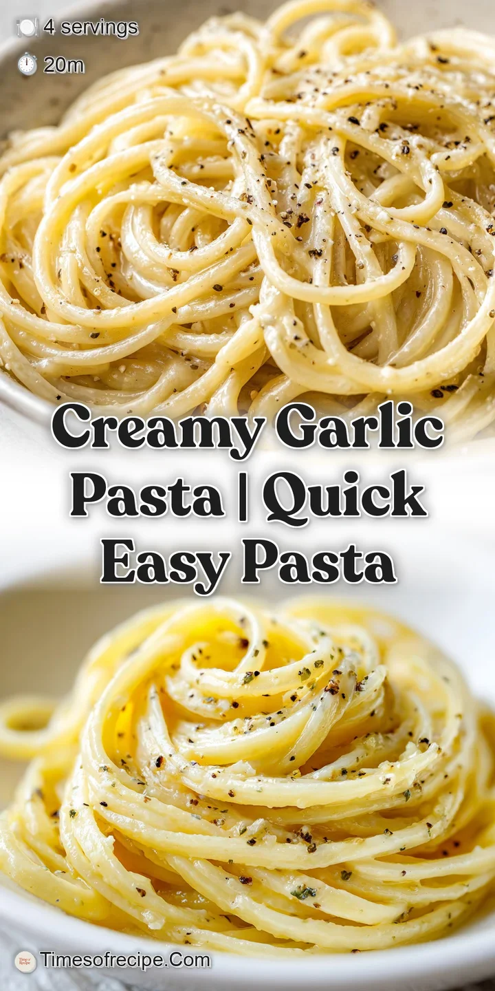 Close-up of tender pasta glistening in a rich, velvety cream sauce with toasted golden garlic and fresh herbs.