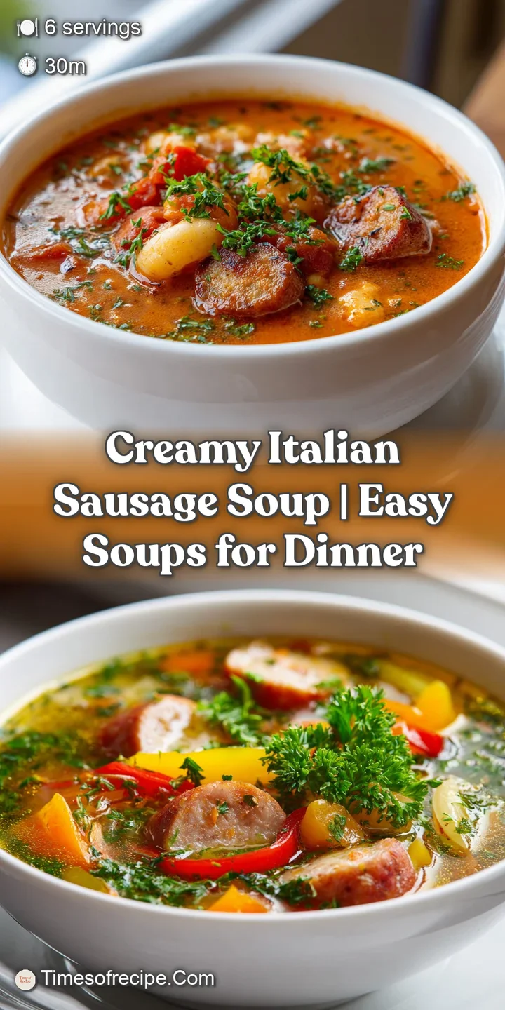 Close-up of creamy Italian sausage soup, showing tender pasta, rich broth, and flecks of herbs.