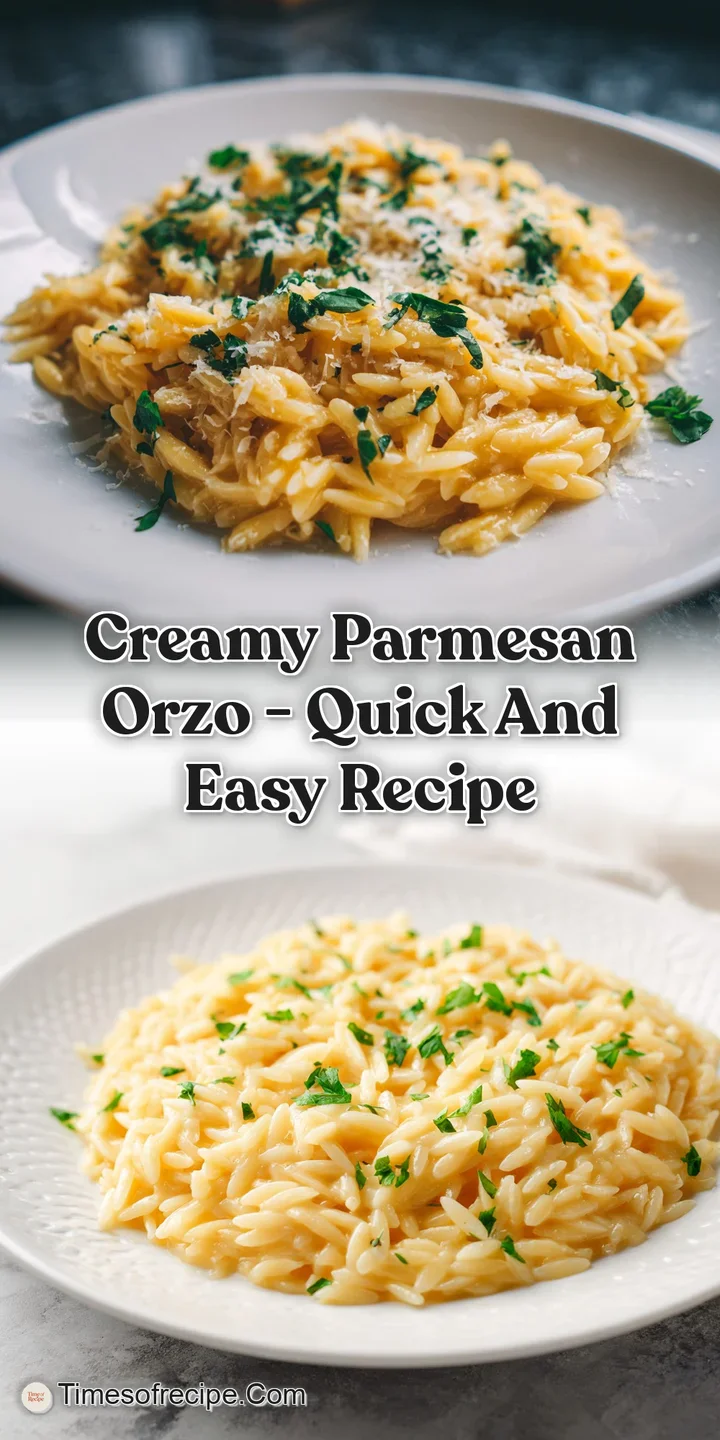 Close-up of glistening orzo pasta with visible Parmesan strands, promising a rich and creamy, comforting bite.