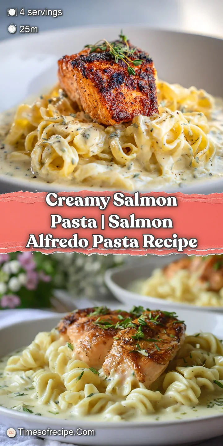 Macro shot of velvety white sauce coating tender pasta and flaky pink salmon with a sprinkle of pepper.