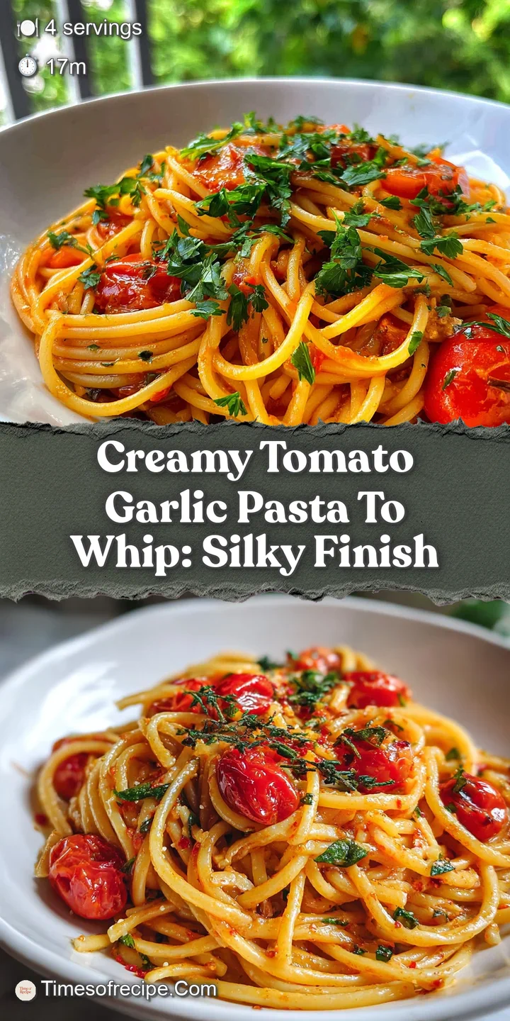 Close-up of glistening tomato garlic pasta, the creamy sauce clinging to each strand. Hints of basil and parmesan promise ...