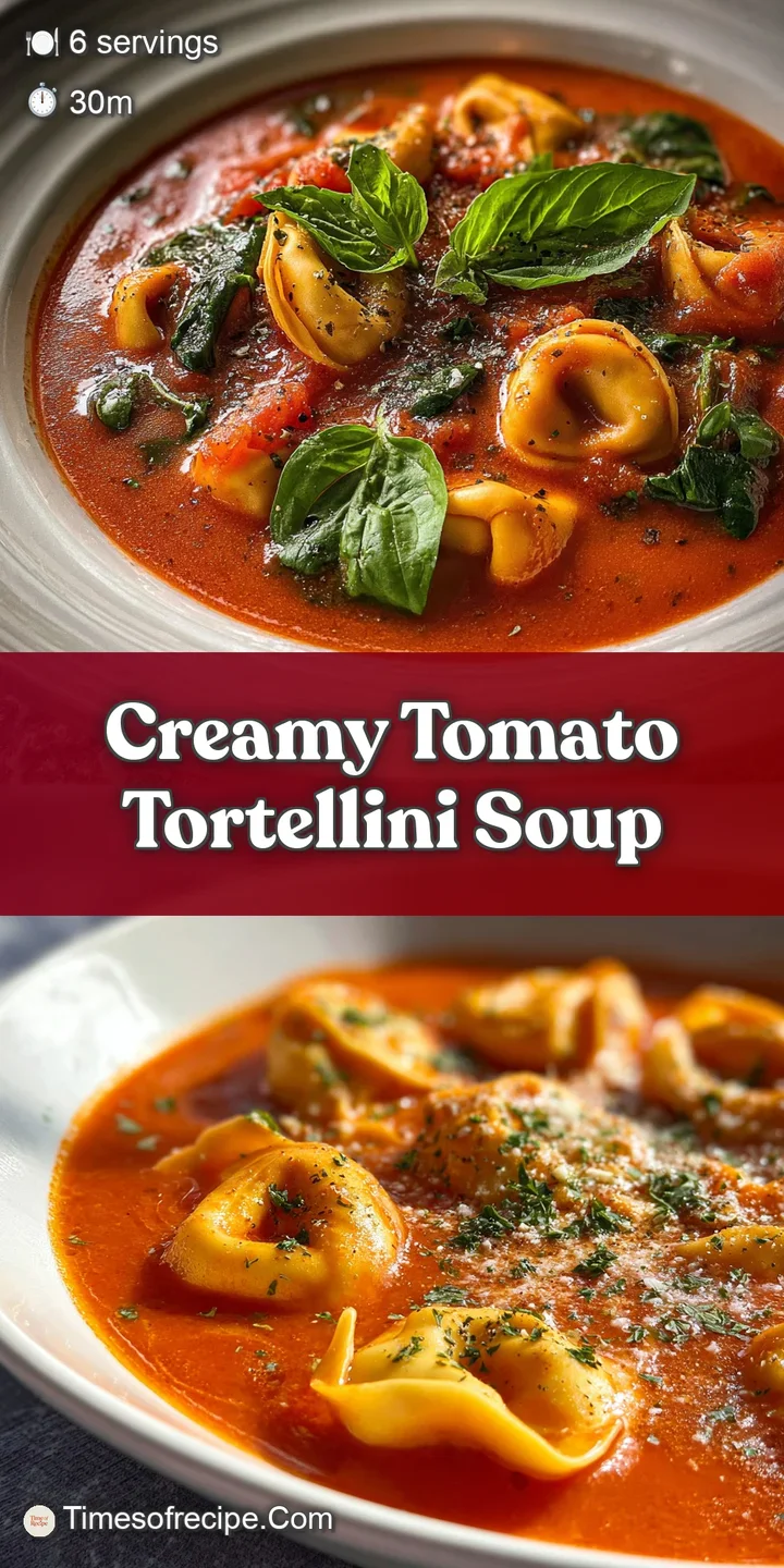 Close-up of plump, cheesy tortellini nestled in a rich, red tomato broth, highlighted by a swirl of cream and fresh basil.