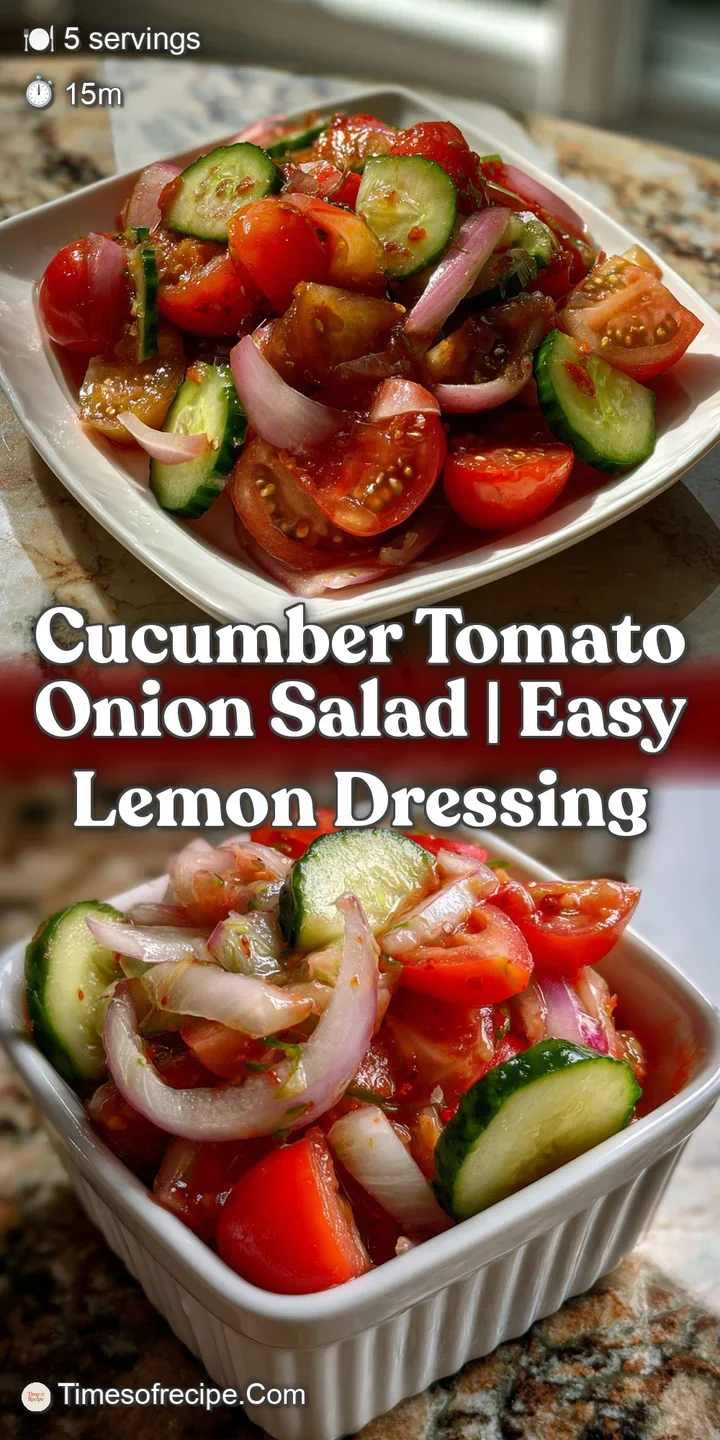 Close-up of a refreshing salad with glistening tomatoes, crisp cucumbers, and a scattering of red onion. The perfect light...