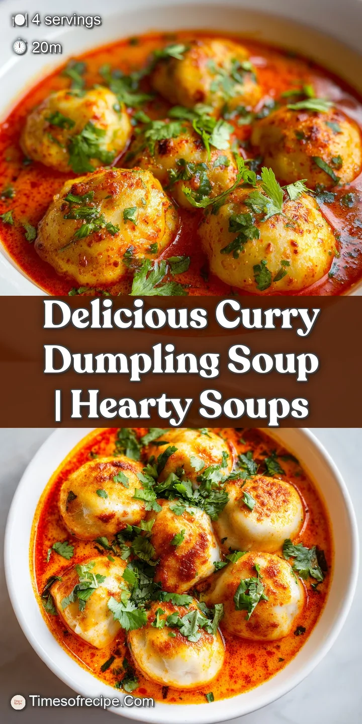 Close-up of a tender dumpling submerged in rich, velvety yellow curry broth with a sprinkle of red chili flakes.