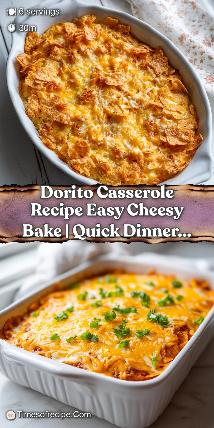 Close-up view of the casserole's top; melted cheese pools around crushed Doritos, offering a glimpse of the creamy filling...