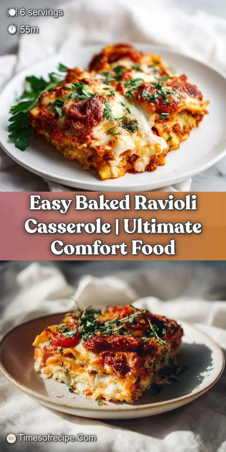 Close-up of cheesy baked ravioli, with a fork lifting a piece revealing strings of melted mozzarella and rich tomato sauce.