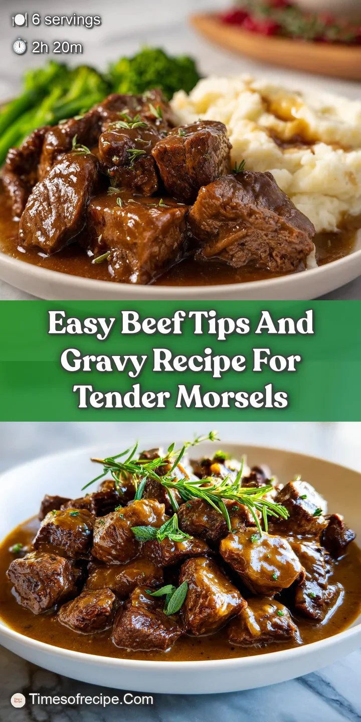 Close-up view of tender beef tips swimming in a luscious, dark gravy. Steam rises, hinting at the warmth and comfort of th...