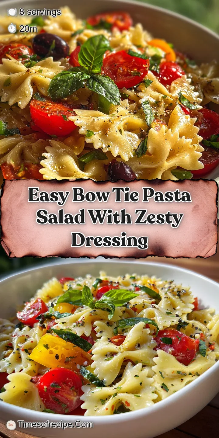 Bright, appetizing bow tie pasta salad with juicy tomatoes, crisp bell peppers, and creamy swirls of dressing visible up c...