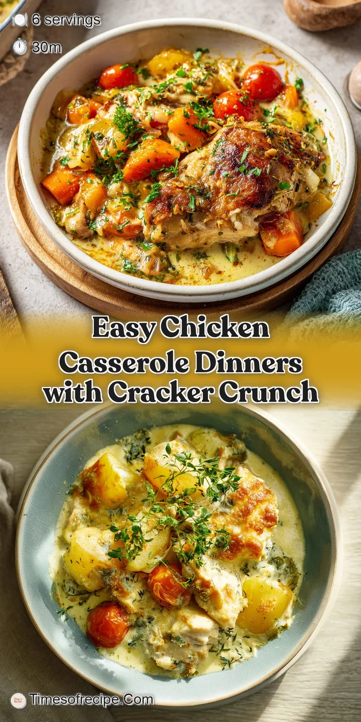 Close-up of a creamy, bubbling chicken casserole with a golden, textured cracker crust, garnished with fresh parsley.