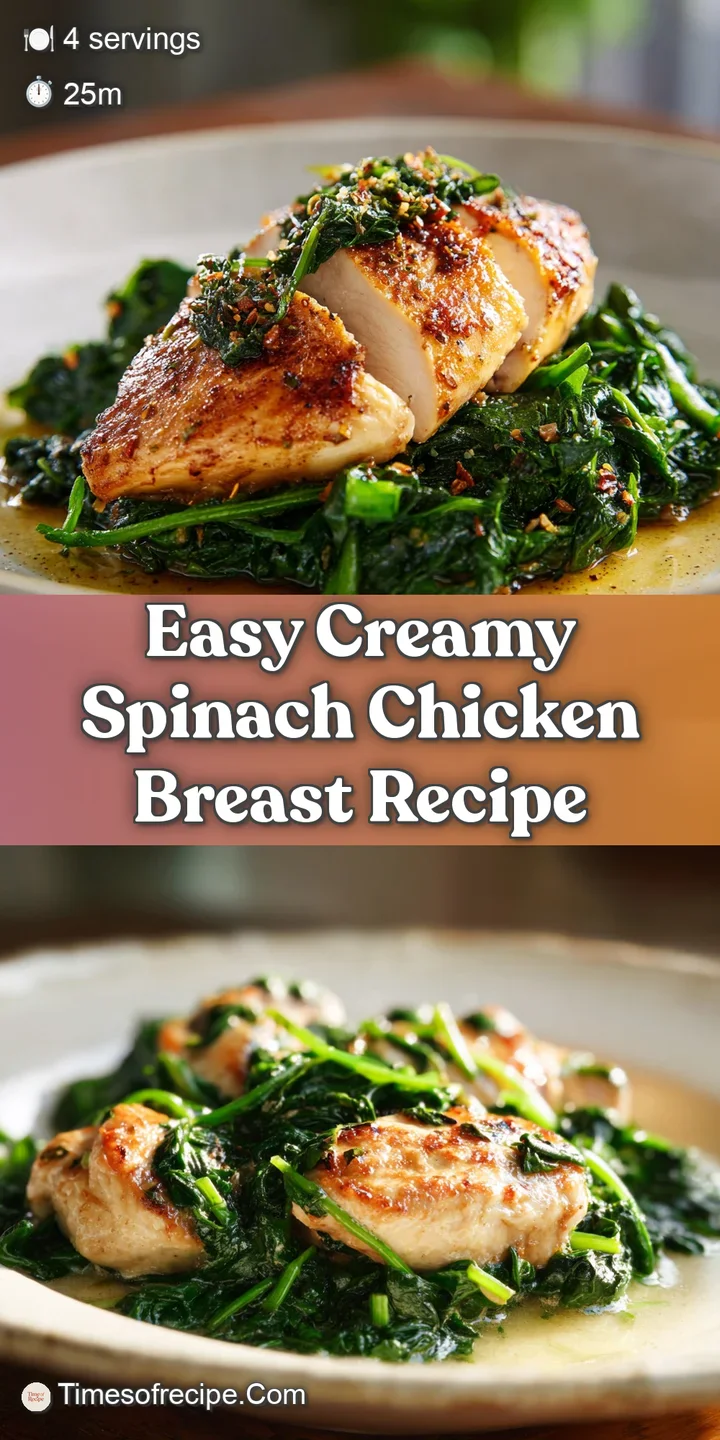 Close-up shows succulent chicken bathed in creamy spinach sauce. A burst of green adds freshness to the appetizing dish.