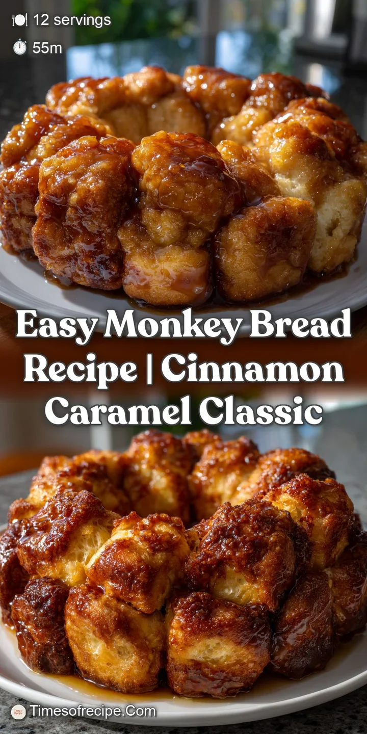 Close-up of freshly baked monkey bread, highlighting the soft, fluffy interior, caramelized edges, and a generous drizzle ...